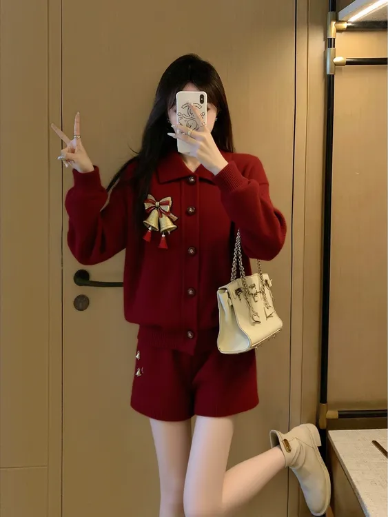 氛围感红色毛衣套装女2025新款冬季小个子穿搭针织上衣裤子两件套