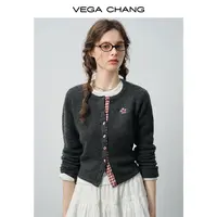 VEGA CHANG格纹拼接针织衫女2025新款秋季刺绣花卉圆领长袖外套