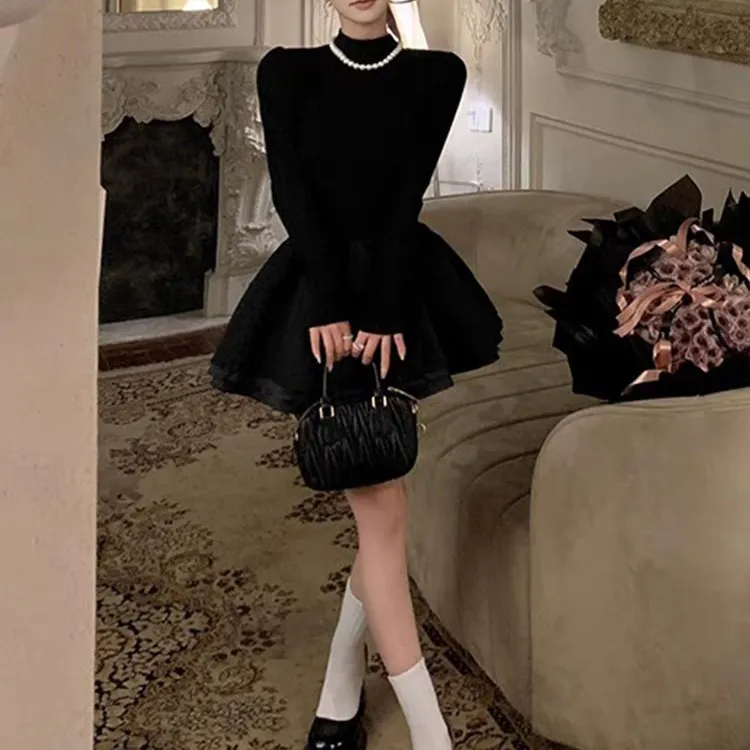 法式小香风裙子长袖黑色蓬蓬连衣裙春秋新款千金风气质高级感8828