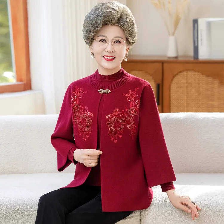 秋冬季喜婆婆婚宴装两件套奶奶喜庆针织外套中老年国风套装老太太