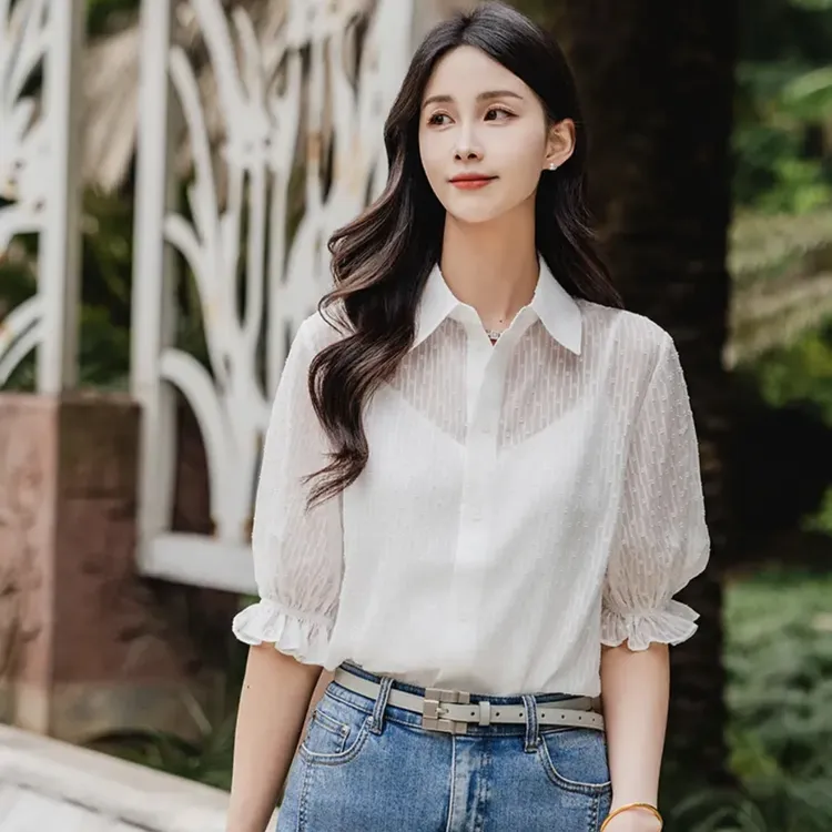 哥弟女装夏季时尚气质百搭宽松洋气显瘦附吊带白色短袖衬衫130018