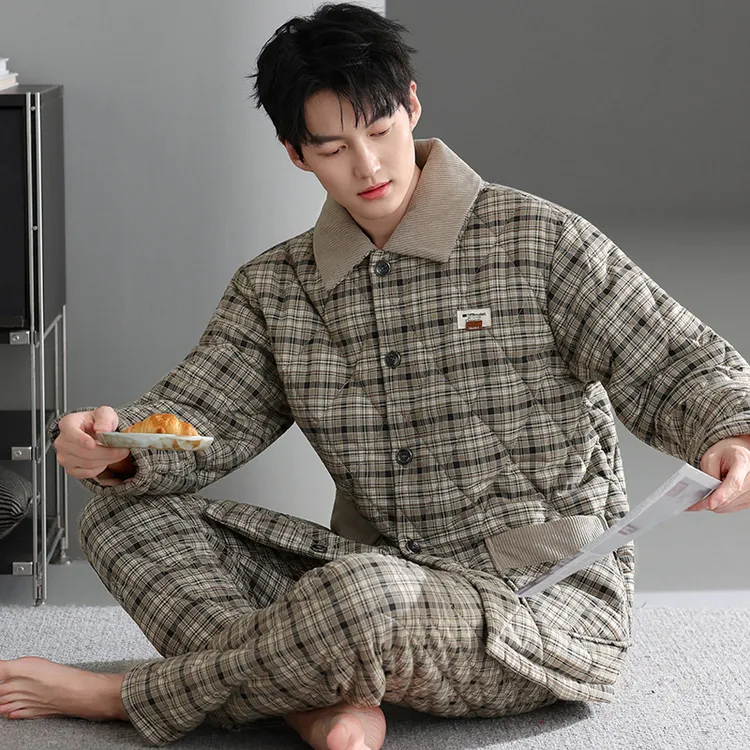 莫代尔三层夹棉睡衣男士秋冬季加厚纯棉爸爸款格子保暖加绒家居服