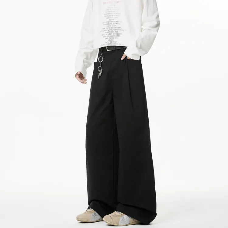 宽松直筒纯棉长裤女纯色百搭华休闲阔腿裤女士休闲裤高腰弯刀裤女