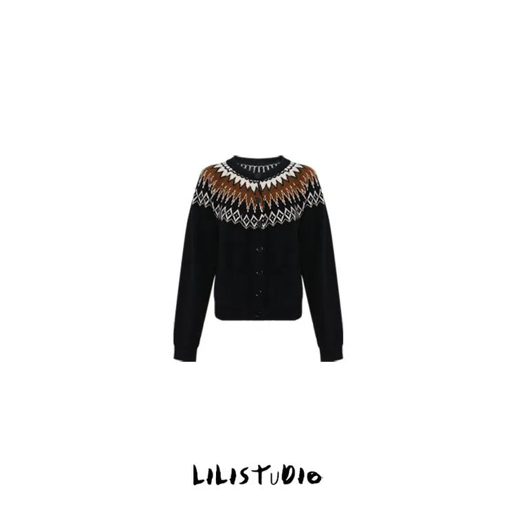 PCNY「 失眠揉碎」不理理冬季新款女装费尔岛纯毛提花圆领针织开衫