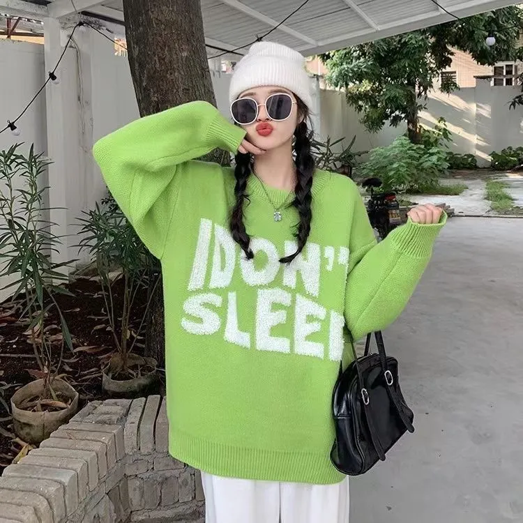 复古毛衣高级感宽松字母外穿慵懒加厚秋冬圆领针织衫外套上衣
