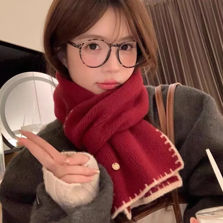 新年红色锁边针织围巾女款2025新款冬季高级感保暖防寒氛围感围脖
