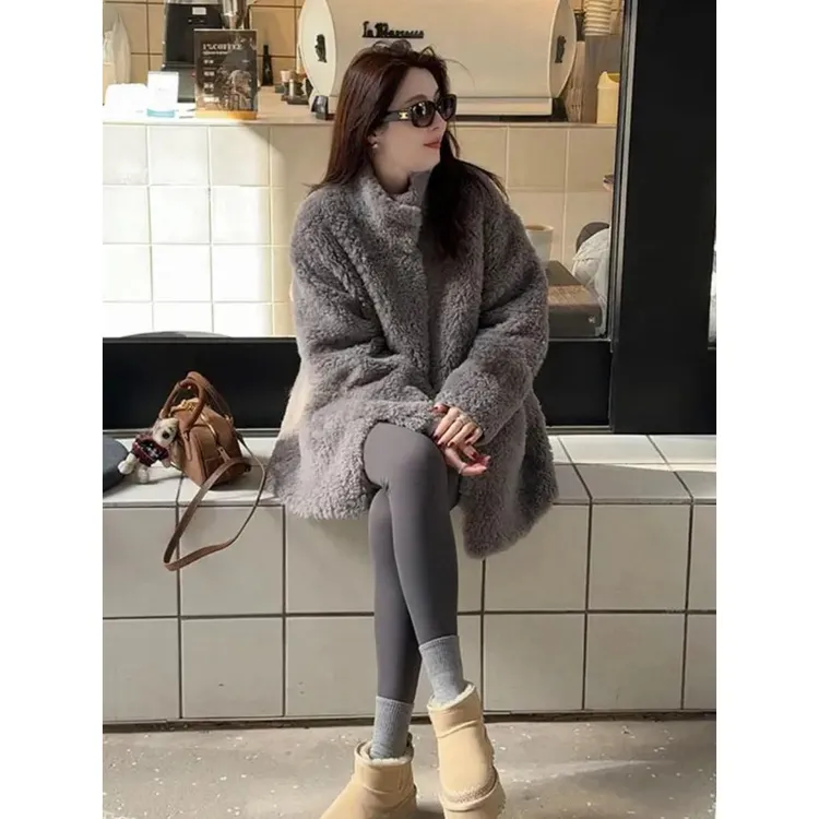 欧货慵懒风单排扣颗粒外套女冬季皮毛一体保暖加厚毛毛大衣