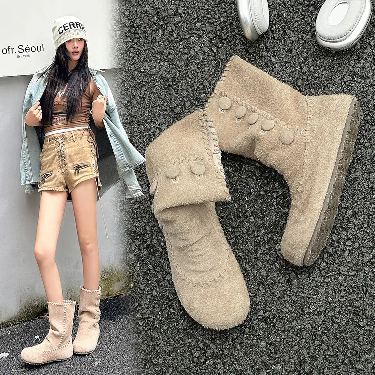 绒面马丁靴女款2025新款秋季真皮平底短靴草原旅游靴子女夏沙漠靴