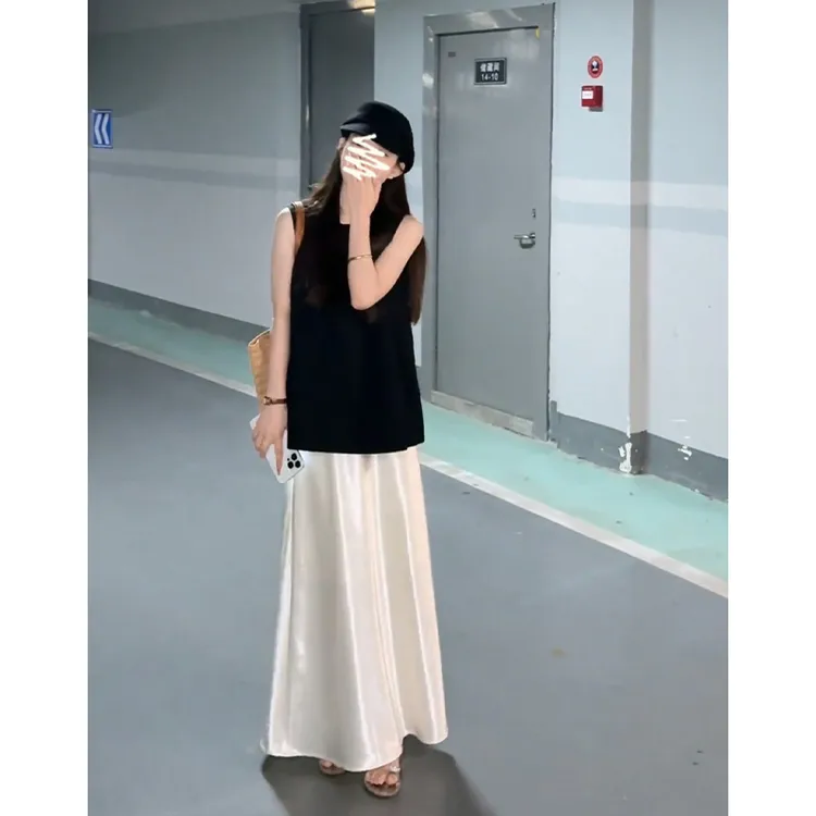 2025夏季新款法式高级感镂空圆领无袖上衣气质高腰显瘦A字半身裙