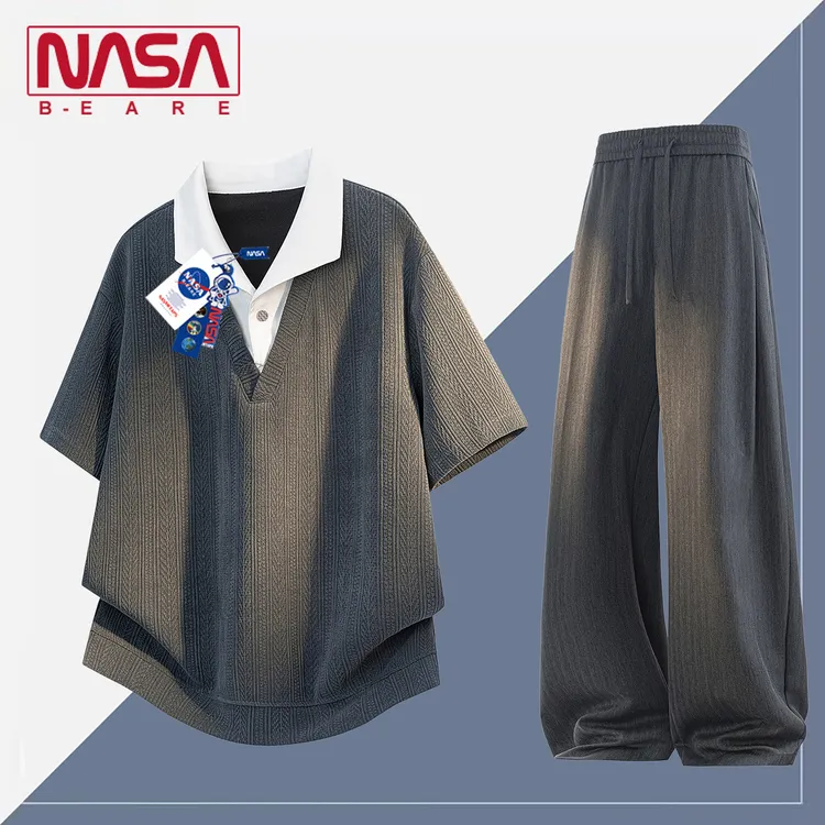 NASA联名美式假两件纹理短袖t恤男套装夏季高级感痞帅男装两件套
