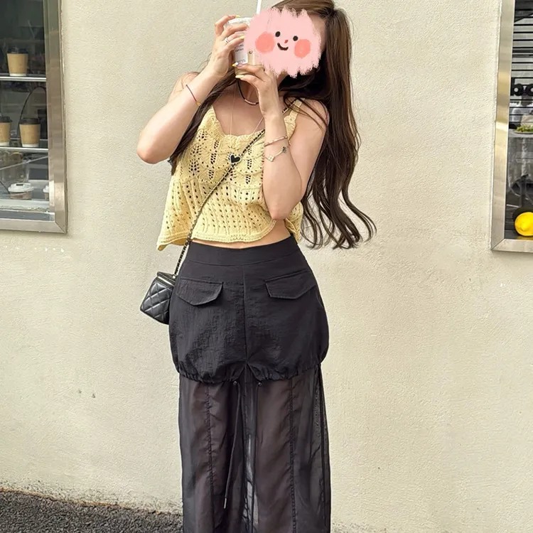 仲夏甜茶 韩系甜美黄色镂空钩花背心/黑色抽绳拼接纱裙套装