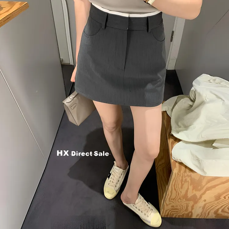 灰色A字半身裙女2025新款春夏拼色高腰显瘦裙子裙裤包臀西装短裙