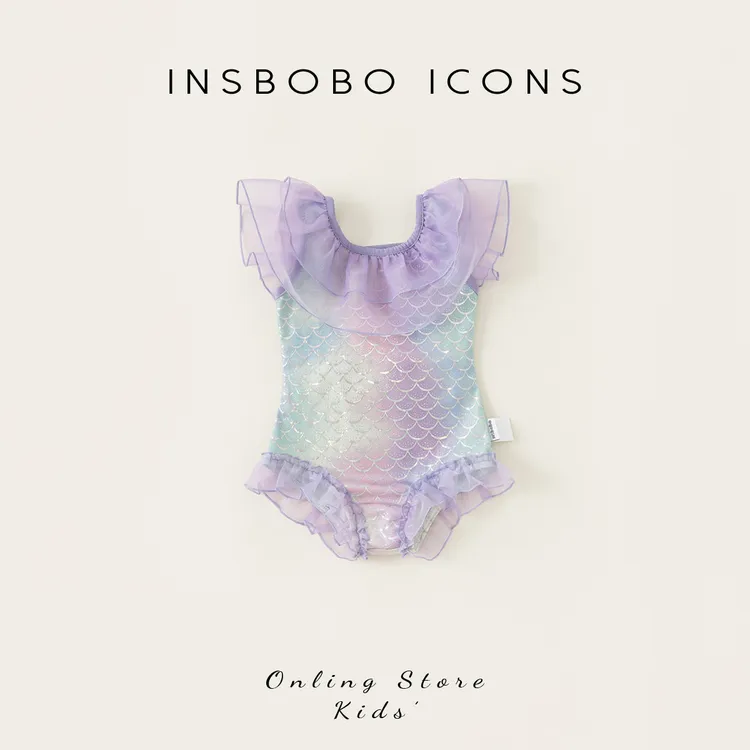 INSbobo美人鱼泳衣女童连体泳装小飞袖甜美荷叶边女宝宝XY24284A