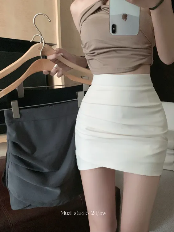 灰色褶皱半身裙女夏季纯欲高腰包臀短裙不规则裙裤防走光a字裙子