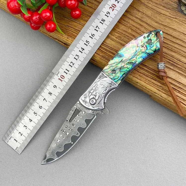 大马士革钢刀彩贝野营便携折叠水果小刀家居实用工具手把肉小刀