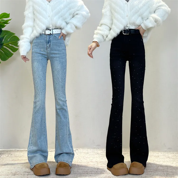 迪否复古满天星烫钻微喇裤冬季新款修身显瘦弹性牛仔裤6402