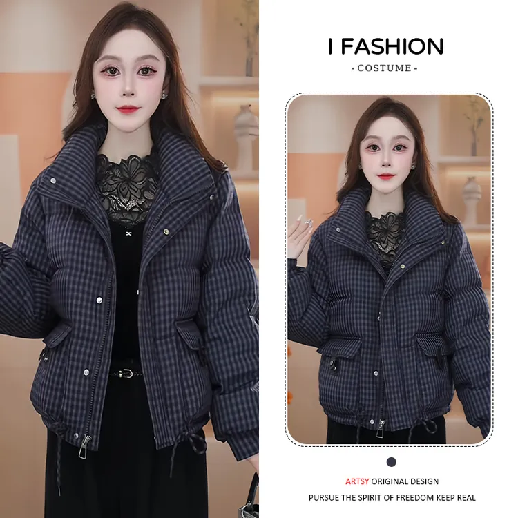 2025冬季新款时尚格子短款棉服立领外套加厚保暖洋气气质百搭棉袄