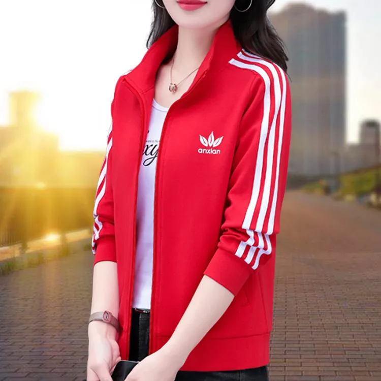 红色运动短外套女春秋2025新款薄款开衫立领卫衣休闲洋气百搭上衣