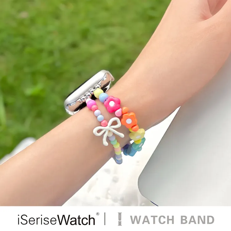 iserisewatch适用苹果11表带iWatchs10手表蝴蝶结花朵串珠多巴胺