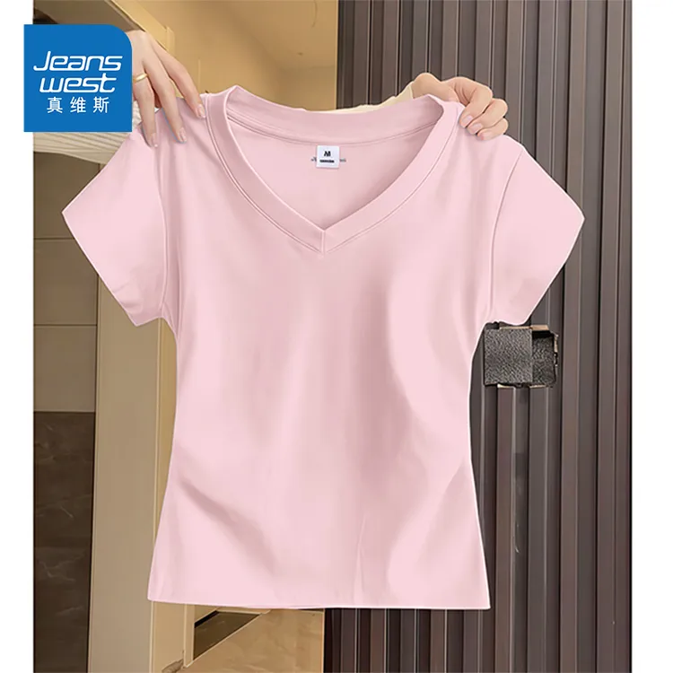 真维斯粉色V领短袖t恤女款新款2025夏季抗菌体恤正肩洋气显瘦上衣