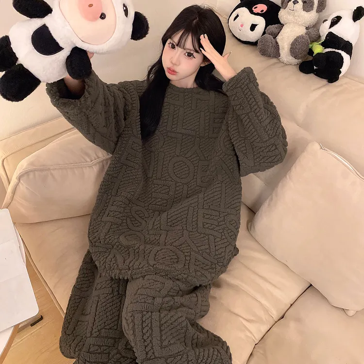 珊瑚绒睡衣女士秋冬款加厚加绒保暖法兰绒休闲时尚冬季家居服套装