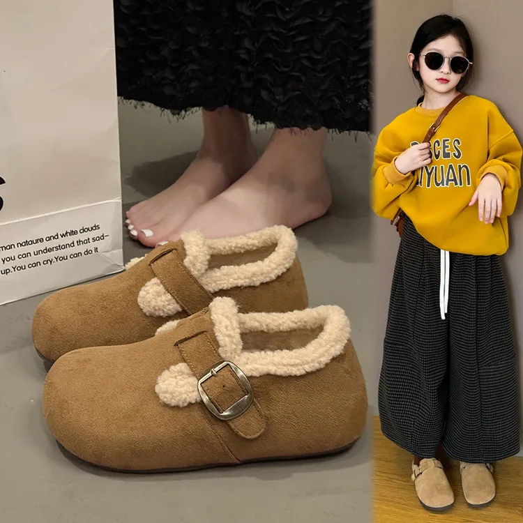 女童加绒勃肯鞋2025冬季新款底防水防滑羊羔绒东北棉鞋儿童休闲鞋