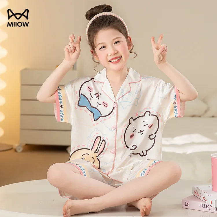 猫人儿童睡衣女童冰丝夏季短袖薄款卡通女孩大童套装家居服乌萨奇