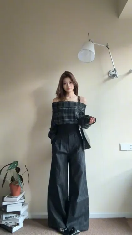 慵懒风简约黑白撞色格纹设计一字肩长袖上衣女休闲阔腿长裤套装女