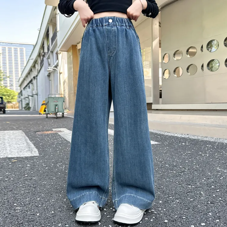 女童裤子春秋6-12岁儿童牛仔裤春装外穿洋气长裤女大童直筒阔腿裤
