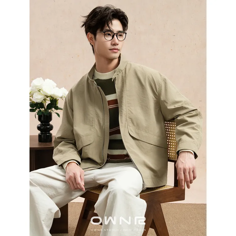 OWNR卡其色立领短款飞行员夹克男2025年秋休闲宽松哈灵顿工装外套