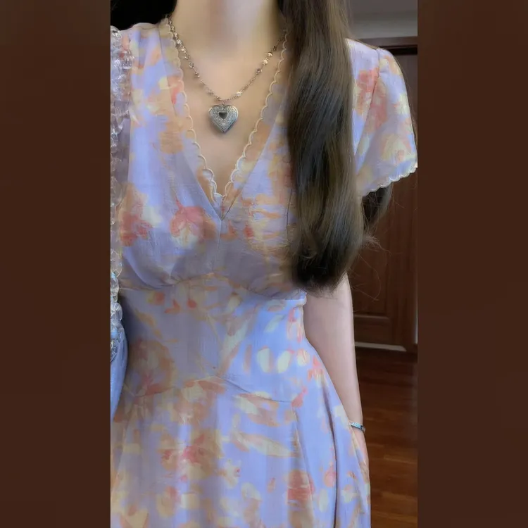 【现货+运补】v领茶歇碎花连衣裙子女夏季仙女长裙5635