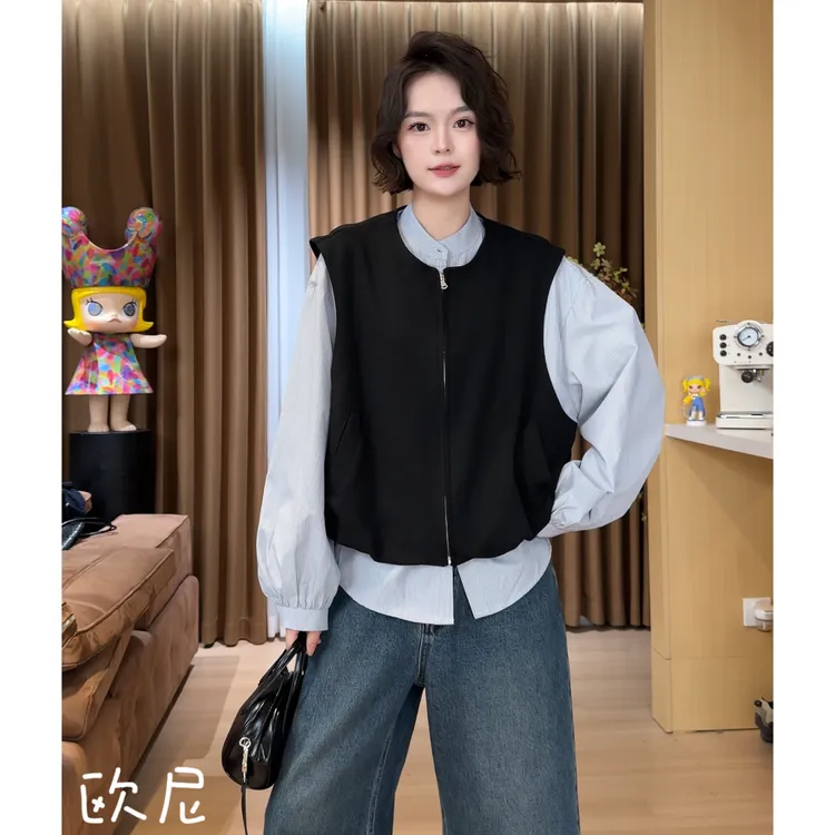 欧尼私服 2025早秋衬衫拼接叠穿无袖马甲上衣假两件上衣2508C4293