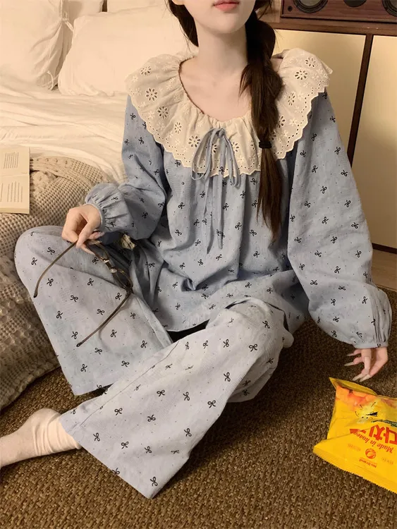 大码纯棉睡衣秋季长袖长裤家居服套装宽松甜美蝴蝶结学生圆领睡衣