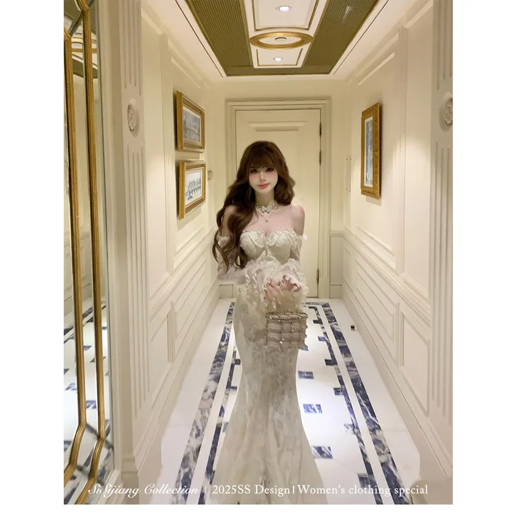 SISI JIANG"珍珠泪光"法式复古修身蕾丝上衣半裙荷叶边套装7468宙