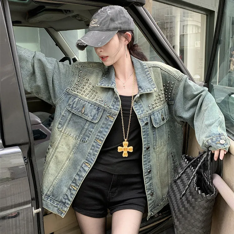 美式复古重工铆钉牛仔外套女春秋设计感小众宽松bf慵懒风夹克上衣