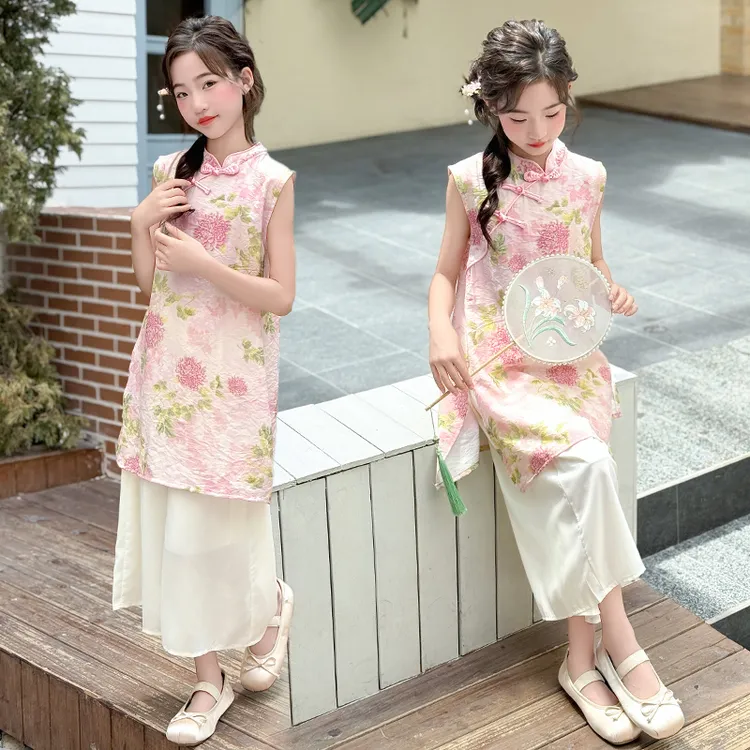 女童夏装套装2025新款儿童中国风新中式无袖旗袍女孩半身裙两件套