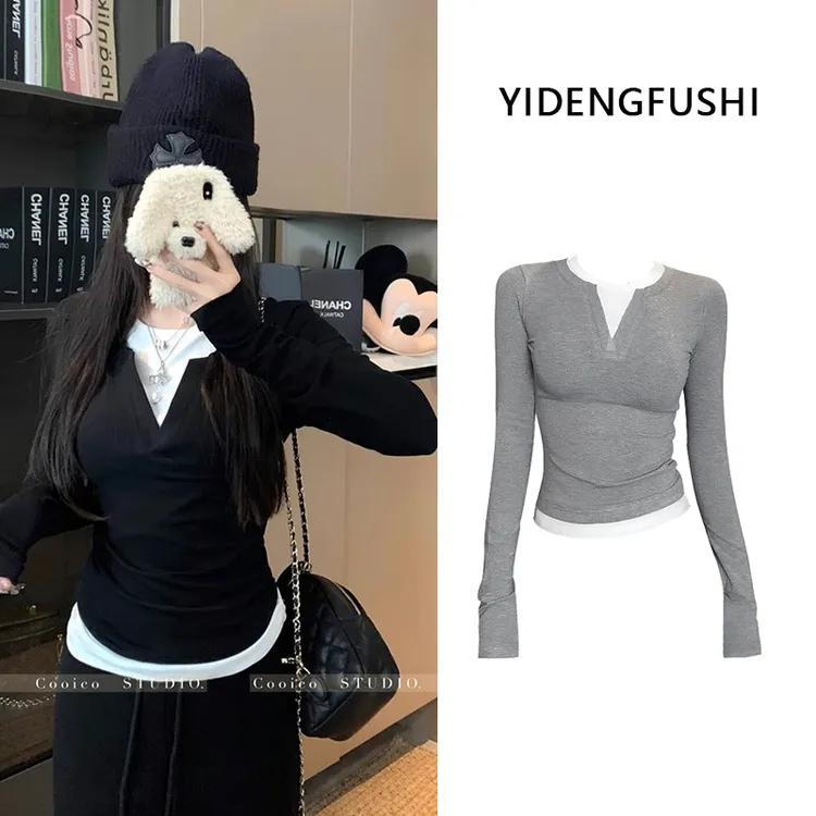 艺等现货~设计感假两件打底衫撞色长袖T恤女小众内搭修身显瘦上衣