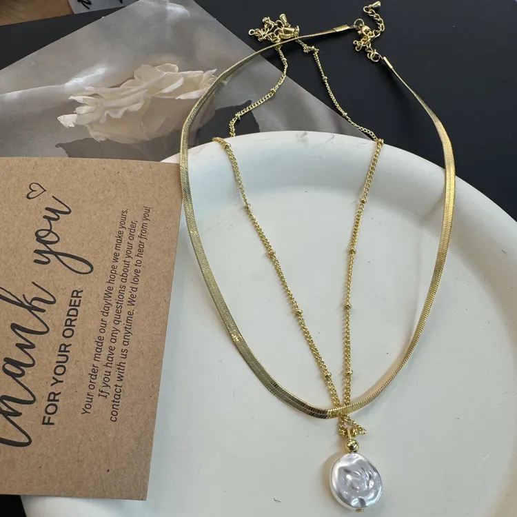 铜合金仿珍珠项链 金色双层叠戴蛇骨链小众高级感设计吊坠项链女