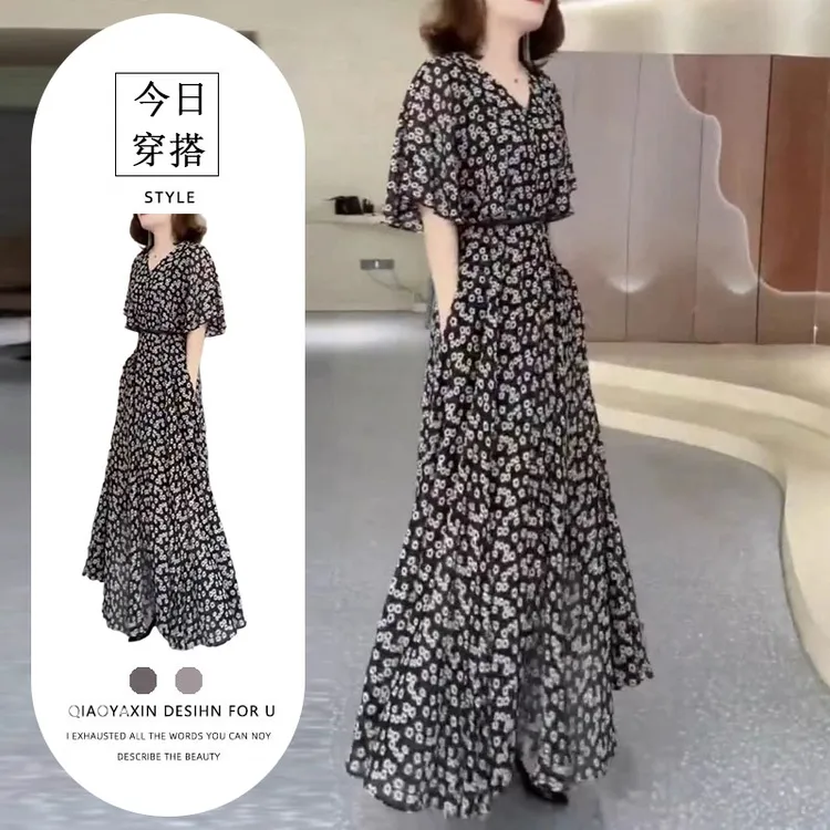 夏季新款黑色高端大气V领碎花收腰显瘦短袖长款大摆气质连衣裙女