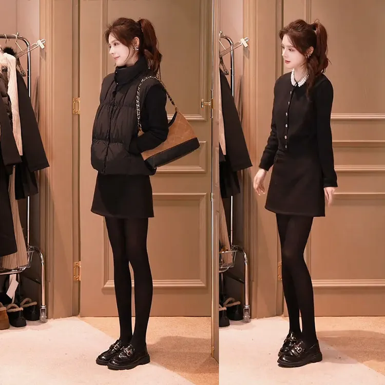 秋冬时尚穿搭一整套女2025新款气质上衣棉服马甲半身裙三件套