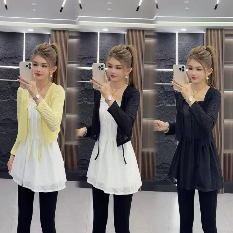 精品0608 减龄百搭蕾丝边收腰吊带裙 加长袖外披 两件套