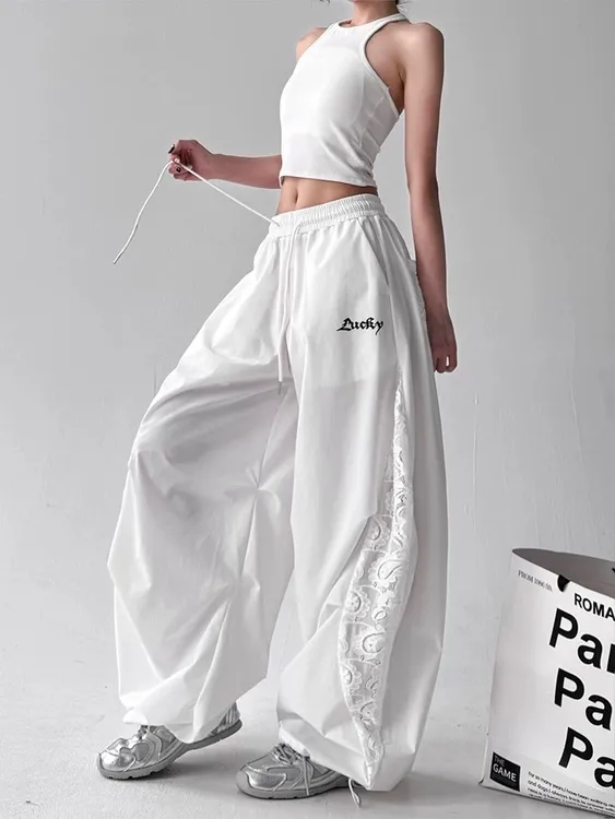 美式蕾丝拼接白色阔腿裤女夏季速干街舞潮牌运动甜酷辣妹休闲裤