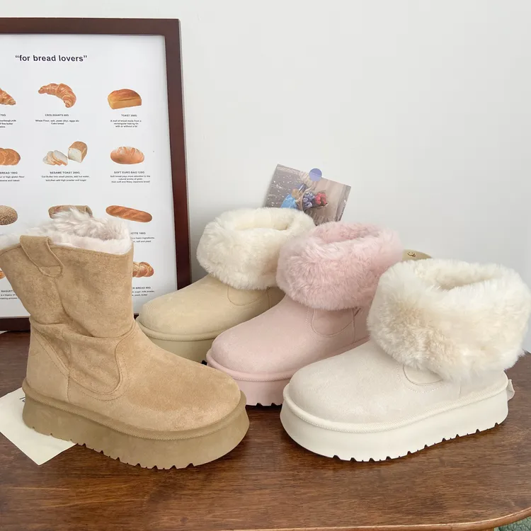 佳人粉色翻边毛绒雪地靴女2025新款冬季加绒厚底保暖棉靴毛毛短靴