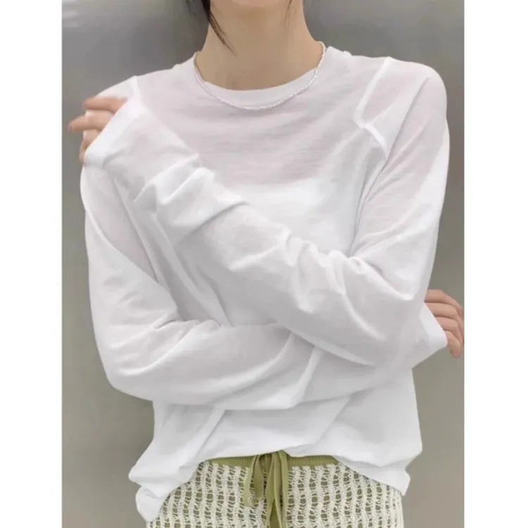 白色正肩长袖T恤女2025早春新款气质内搭打底衫宽松慵懒罩衫上衣