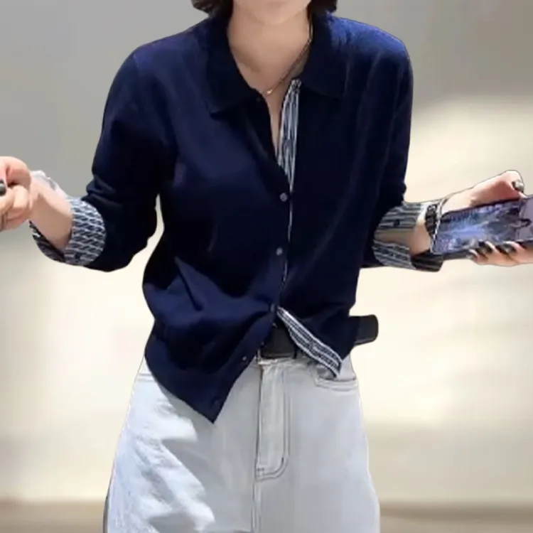 韩系设计拼接假两件polo领针织开衫女早秋时髦慵懒显瘦单排扣上衣