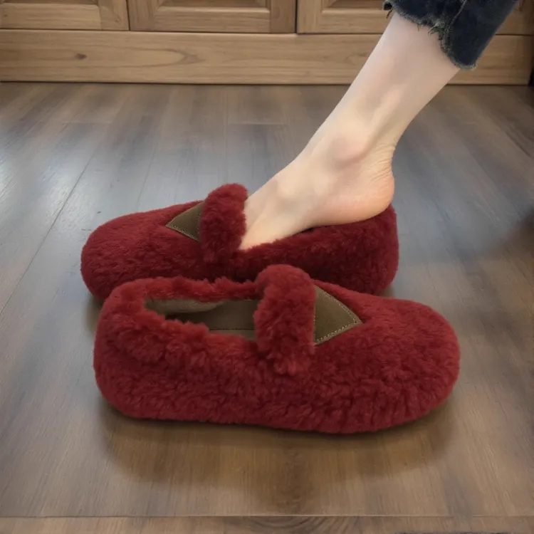 羊羔绒安哥拉红毛毛鞋女2025新款冬外穿气质加绒豆豆鞋本命年红鞋