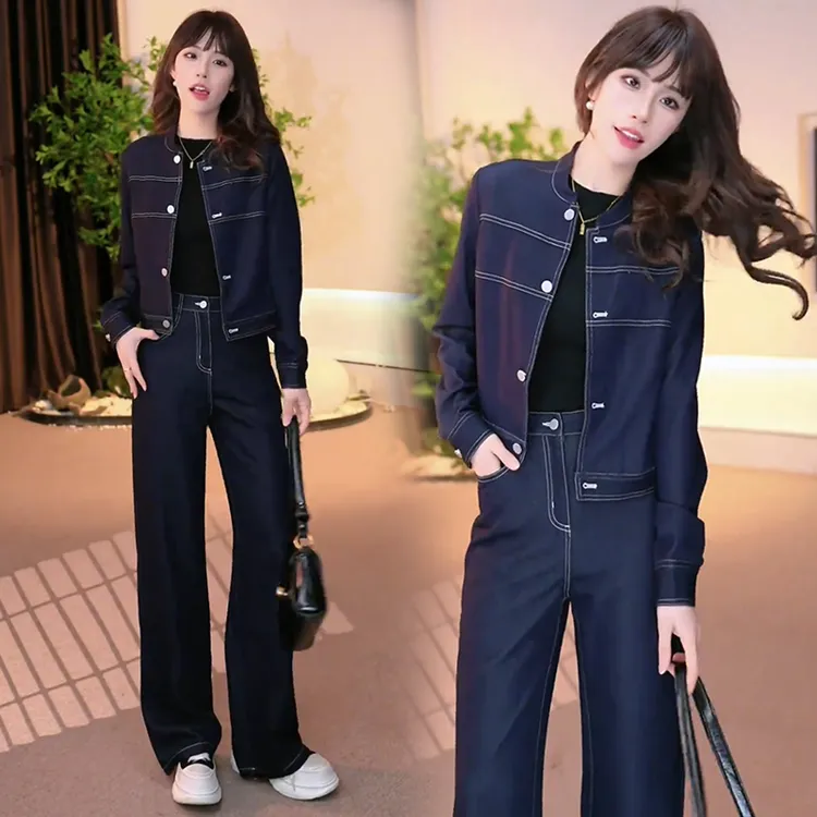 早春韩系chic休闲牛仔套装女2025春季新款穿搭高级感阔腿裤两件套