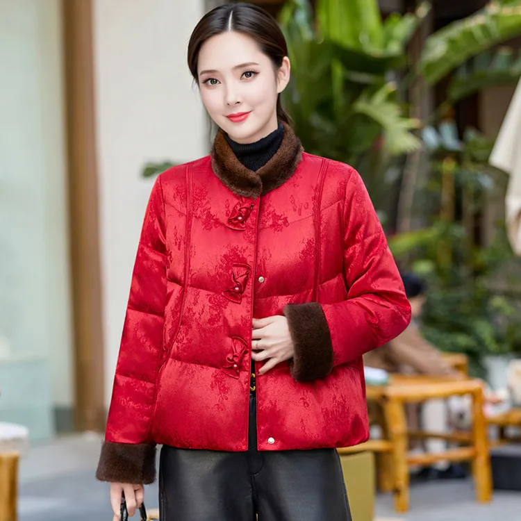 中国风提花羽绒服毛毛领袖口拼接新中式盘扣鸭绒服轻奢妈妈装