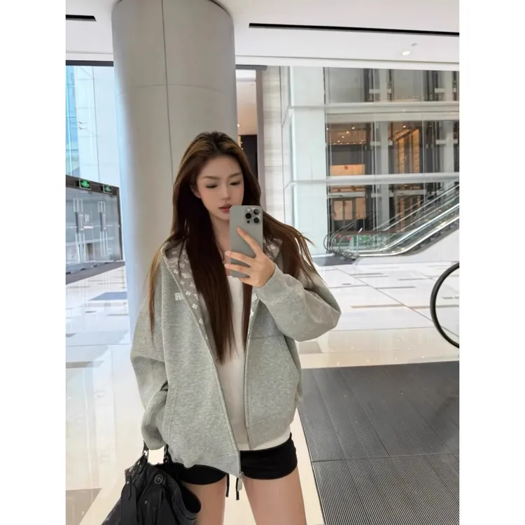 美式潮牌印花灰色连帽卫衣外套女秋冬加绒加厚巨好看宽松开衫上衣