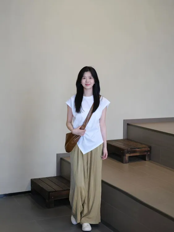 2025夏季新款韩系简约白色不规则短袖上衣高腰百搭阔腿休闲裤套装